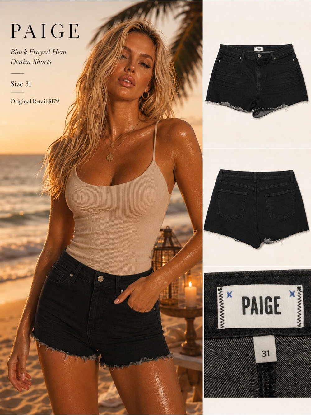 PAIGE Black Frayed Hem Denim Shorts
